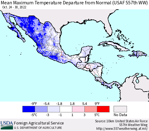Mexico Central America and the Caribbean Mean Maximum Temperature Departure from Normal (USAF 557th WW) Thematic Map For 10/24/2022 - 10/30/2022