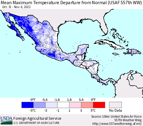 Mexico Central America and the Caribbean Mean Maximum Temperature Departure from Normal (USAF 557th WW) Thematic Map For 10/31/2022 - 11/6/2022