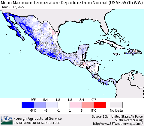 Mexico Central America and the Caribbean Mean Maximum Temperature Departure from Normal (USAF 557th WW) Thematic Map For 11/7/2022 - 11/13/2022