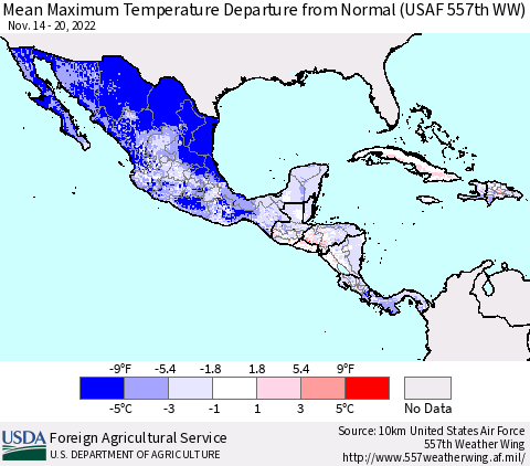 Mexico Central America and the Caribbean Mean Maximum Temperature Departure from Normal (USAF 557th WW) Thematic Map For 11/14/2022 - 11/20/2022