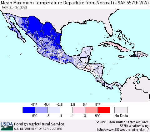 Mexico Central America and the Caribbean Mean Maximum Temperature Departure from Normal (USAF 557th WW) Thematic Map For 11/21/2022 - 11/27/2022