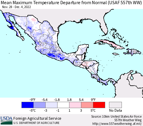 Mexico Central America and the Caribbean Mean Maximum Temperature Departure from Normal (USAF 557th WW) Thematic Map For 11/28/2022 - 12/4/2022