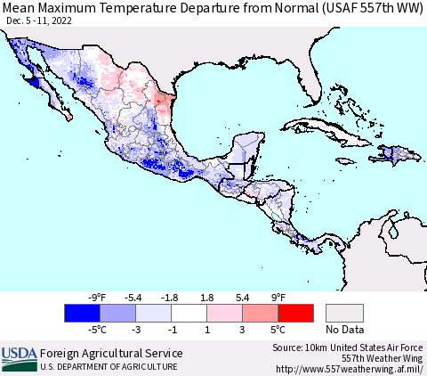 Mexico Central America and the Caribbean Mean Maximum Temperature Departure from Normal (USAF 557th WW) Thematic Map For 12/5/2022 - 12/11/2022