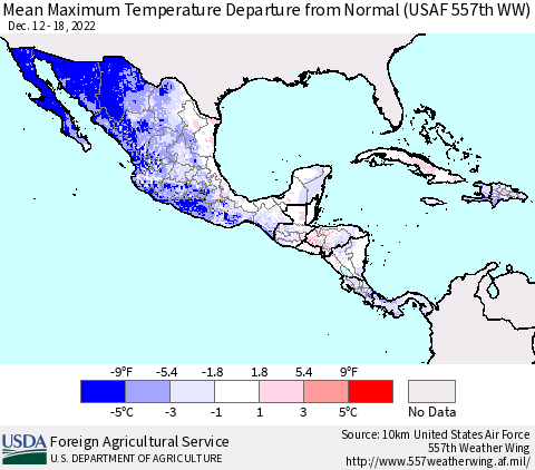 Mexico Central America and the Caribbean Mean Maximum Temperature Departure from Normal (USAF 557th WW) Thematic Map For 12/12/2022 - 12/18/2022