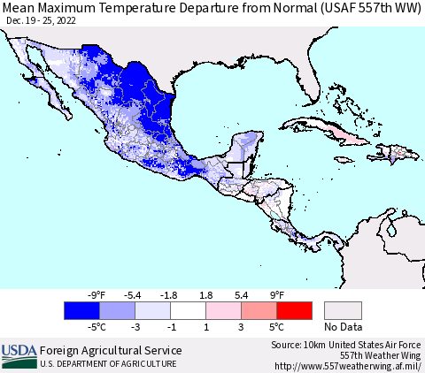 Mexico Central America and the Caribbean Mean Maximum Temperature Departure from Normal (USAF 557th WW) Thematic Map For 12/19/2022 - 12/25/2022