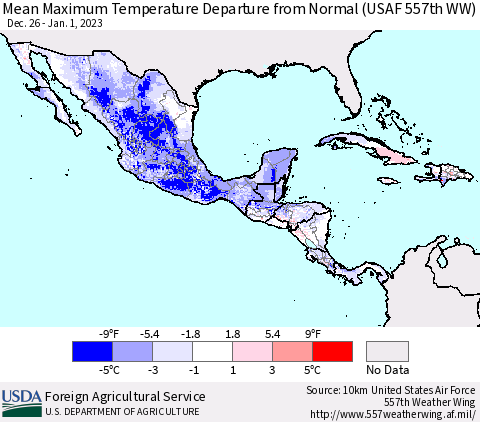 Mexico Central America and the Caribbean Mean Maximum Temperature Departure from Normal (USAF 557th WW) Thematic Map For 12/26/2022 - 1/1/2023
