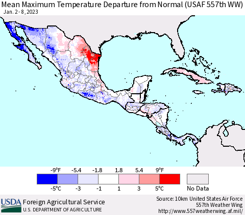 Mexico Central America and the Caribbean Mean Maximum Temperature Departure from Normal (USAF 557th WW) Thematic Map For 1/2/2023 - 1/8/2023