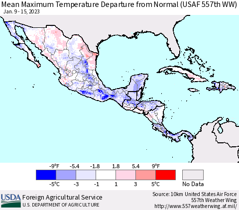 Mexico Central America and the Caribbean Mean Maximum Temperature Departure from Normal (USAF 557th WW) Thematic Map For 1/9/2023 - 1/15/2023