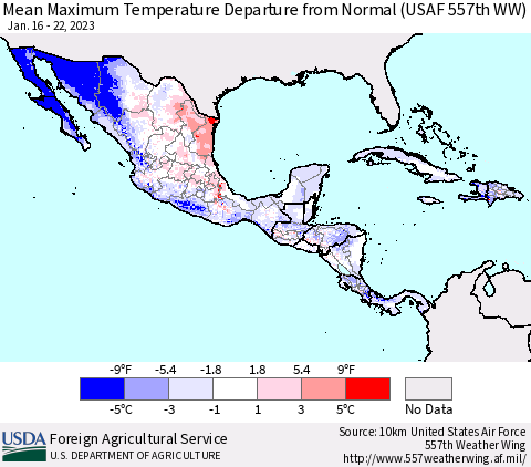 Mexico Central America and the Caribbean Mean Maximum Temperature Departure from Normal (USAF 557th WW) Thematic Map For 1/16/2023 - 1/22/2023
