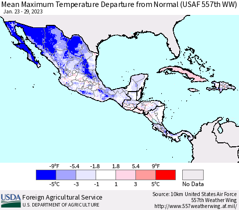Mexico Central America and the Caribbean Mean Maximum Temperature Departure from Normal (USAF 557th WW) Thematic Map For 1/23/2023 - 1/29/2023