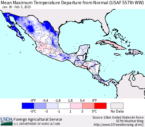 Mexico Central America and the Caribbean Mean Maximum Temperature Departure from Normal (USAF 557th WW) Thematic Map For 1/30/2023 - 2/5/2023