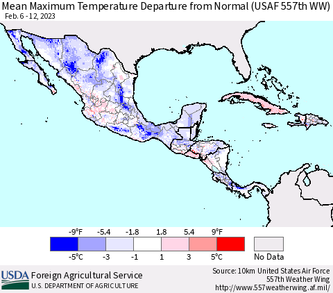 Mexico Central America and the Caribbean Mean Maximum Temperature Departure from Normal (USAF 557th WW) Thematic Map For 2/6/2023 - 2/12/2023