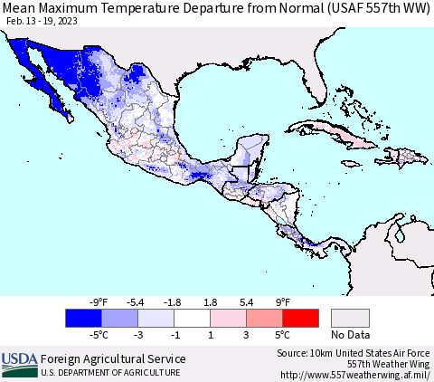 Mexico Central America and the Caribbean Mean Maximum Temperature Departure from Normal (USAF 557th WW) Thematic Map For 2/13/2023 - 2/19/2023