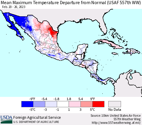 Mexico Central America and the Caribbean Mean Maximum Temperature Departure from Normal (USAF 557th WW) Thematic Map For 2/20/2023 - 2/26/2023