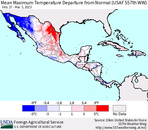 Mexico Central America and the Caribbean Mean Maximum Temperature Departure from Normal (USAF 557th WW) Thematic Map For 2/27/2023 - 3/5/2023
