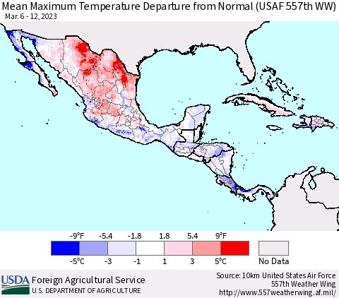 Mexico Central America and the Caribbean Mean Maximum Temperature Departure from Normal (USAF 557th WW) Thematic Map For 3/6/2023 - 3/12/2023