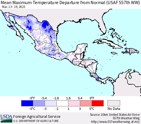 Mexico Central America and the Caribbean Mean Maximum Temperature Departure from Normal (USAF 557th WW) Thematic Map For 3/13/2023 - 3/19/2023