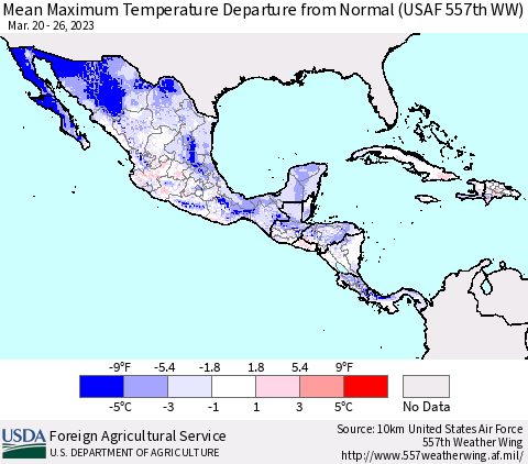 Mexico Central America and the Caribbean Mean Maximum Temperature Departure from Normal (USAF 557th WW) Thematic Map For 3/20/2023 - 3/26/2023