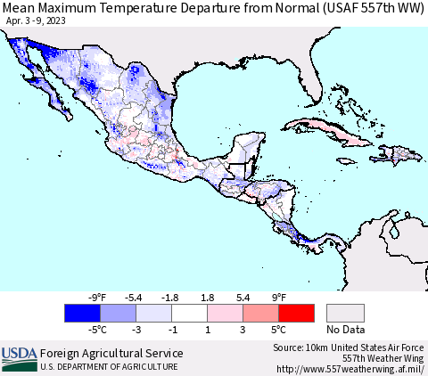 Mexico Central America and the Caribbean Mean Maximum Temperature Departure from Normal (USAF 557th WW) Thematic Map For 4/3/2023 - 4/9/2023