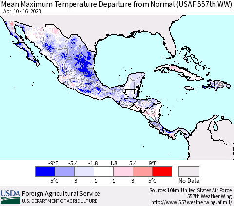 Mexico Central America and the Caribbean Mean Maximum Temperature Departure from Normal (USAF 557th WW) Thematic Map For 4/10/2023 - 4/16/2023