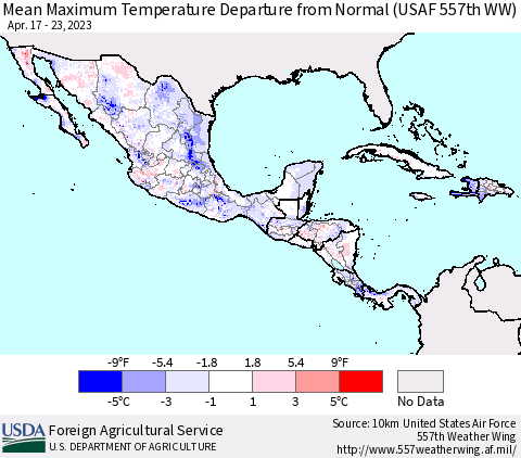 Mexico Central America and the Caribbean Mean Maximum Temperature Departure from Normal (USAF 557th WW) Thematic Map For 4/17/2023 - 4/23/2023