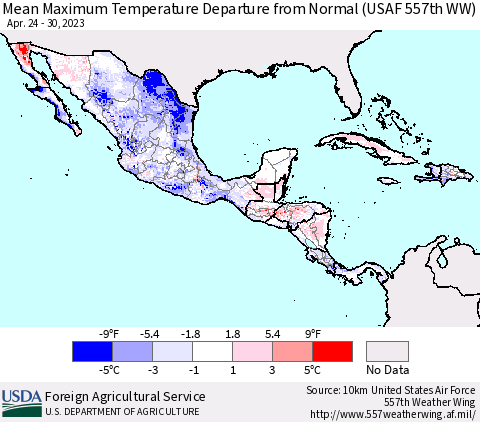 Mexico Central America and the Caribbean Mean Maximum Temperature Departure from Normal (USAF 557th WW) Thematic Map For 4/24/2023 - 4/30/2023