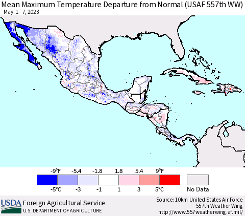 Mexico Central America and the Caribbean Mean Maximum Temperature Departure from Normal (USAF 557th WW) Thematic Map For 5/1/2023 - 5/7/2023