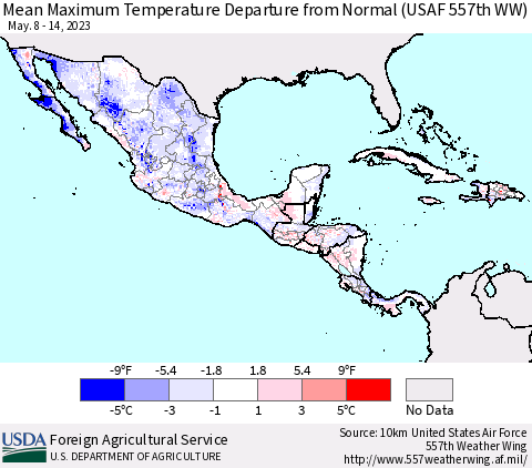 Mexico Central America and the Caribbean Mean Maximum Temperature Departure from Normal (USAF 557th WW) Thematic Map For 5/8/2023 - 5/14/2023