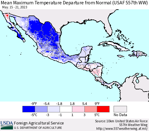 Mexico Central America and the Caribbean Mean Maximum Temperature Departure from Normal (USAF 557th WW) Thematic Map For 5/15/2023 - 5/21/2023