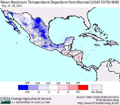 Mexico Central America and the Caribbean Mean Maximum Temperature Departure from Normal (USAF 557th WW) Thematic Map For 5/22/2023 - 5/28/2023