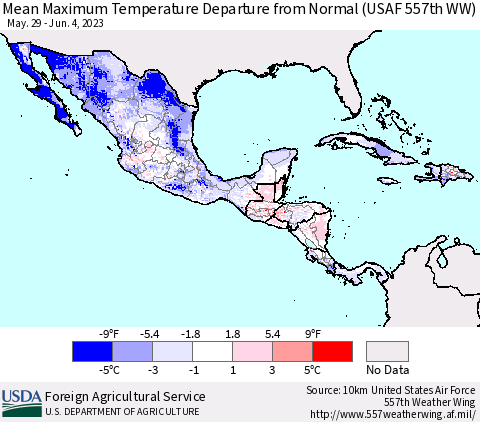 Mexico Central America and the Caribbean Mean Maximum Temperature Departure from Normal (USAF 557th WW) Thematic Map For 5/29/2023 - 6/4/2023