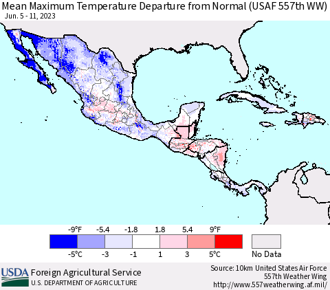Mexico Central America and the Caribbean Mean Maximum Temperature Departure from Normal (USAF 557th WW) Thematic Map For 6/5/2023 - 6/11/2023