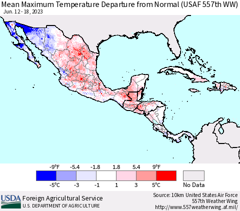 Mexico Central America and the Caribbean Mean Maximum Temperature Departure from Normal (USAF 557th WW) Thematic Map For 6/12/2023 - 6/18/2023