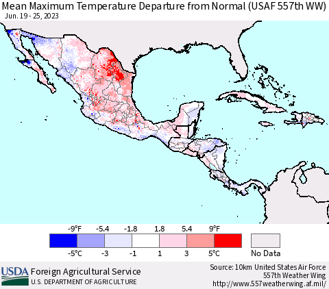 Mexico Central America and the Caribbean Mean Maximum Temperature Departure from Normal (USAF 557th WW) Thematic Map For 6/19/2023 - 6/25/2023