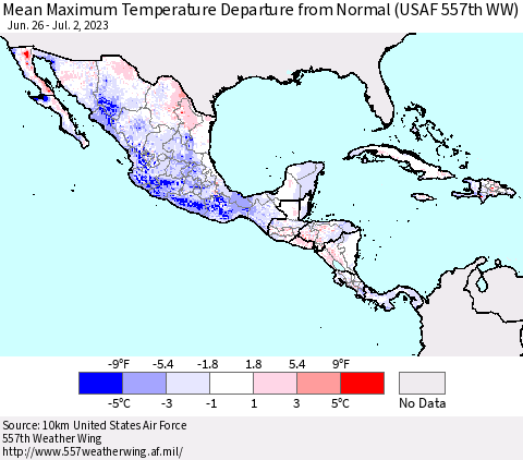 Mexico Central America and the Caribbean Mean Maximum Temperature Departure from Normal (USAF 557th WW) Thematic Map For 6/26/2023 - 7/2/2023