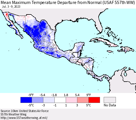 Mexico Central America and the Caribbean Mean Maximum Temperature Departure from Normal (USAF 557th WW) Thematic Map For 7/3/2023 - 7/9/2023