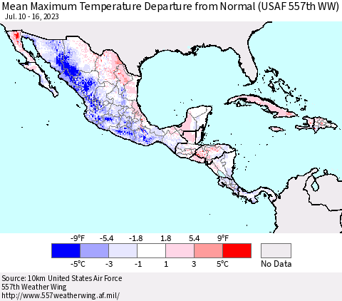 Mexico Central America and the Caribbean Mean Maximum Temperature Departure from Normal (USAF 557th WW) Thematic Map For 7/10/2023 - 7/16/2023