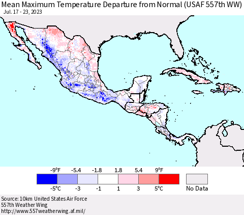 Mexico Central America and the Caribbean Mean Maximum Temperature Departure from Normal (USAF 557th WW) Thematic Map For 7/17/2023 - 7/23/2023