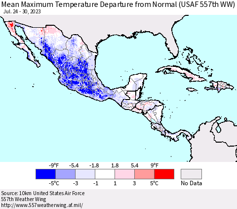 Mexico Central America and the Caribbean Mean Maximum Temperature Departure from Normal (USAF 557th WW) Thematic Map For 7/24/2023 - 7/30/2023