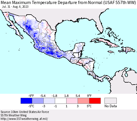 Mexico Central America and the Caribbean Mean Maximum Temperature Departure from Normal (USAF 557th WW) Thematic Map For 7/31/2023 - 8/6/2023