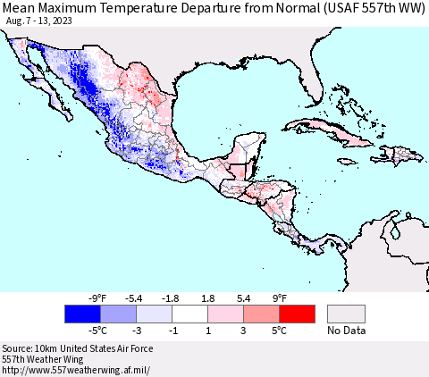 Mexico Central America and the Caribbean Mean Maximum Temperature Departure from Normal (USAF 557th WW) Thematic Map For 8/7/2023 - 8/13/2023