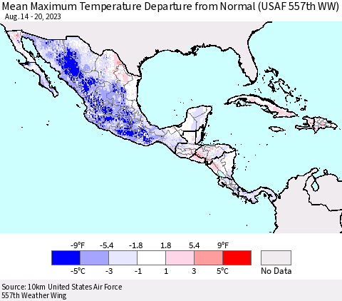 Mexico Central America and the Caribbean Mean Maximum Temperature Departure from Normal (USAF 557th WW) Thematic Map For 8/14/2023 - 8/20/2023
