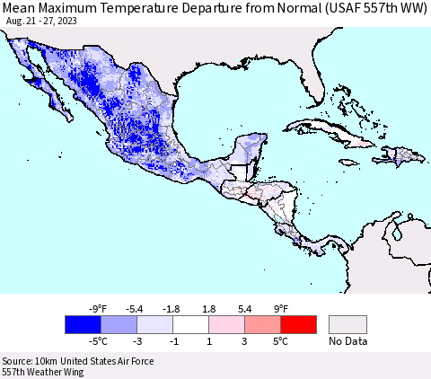 Mexico Central America and the Caribbean Mean Maximum Temperature Departure from Normal (USAF 557th WW) Thematic Map For 8/21/2023 - 8/27/2023
