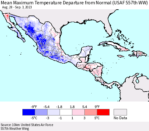 Mexico Central America and the Caribbean Mean Maximum Temperature Departure from Normal (USAF 557th WW) Thematic Map For 8/28/2023 - 9/3/2023