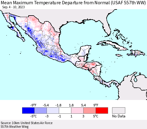 Mexico Central America and the Caribbean Mean Maximum Temperature Departure from Normal (USAF 557th WW) Thematic Map For 9/4/2023 - 9/10/2023