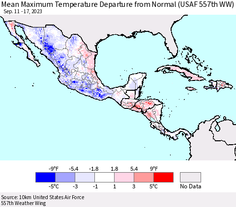 Mexico Central America and the Caribbean Mean Maximum Temperature Departure from Normal (USAF 557th WW) Thematic Map For 9/11/2023 - 9/17/2023