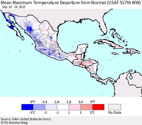 Mexico Central America and the Caribbean Mean Maximum Temperature Departure from Normal (USAF 557th WW) Thematic Map For 9/18/2023 - 9/24/2023