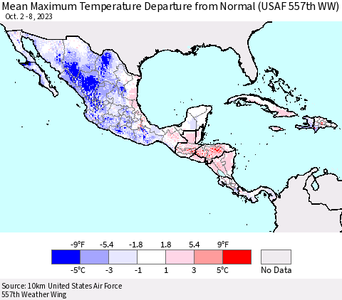 Mexico Central America and the Caribbean Mean Maximum Temperature Departure from Normal (USAF 557th WW) Thematic Map For 10/2/2023 - 10/8/2023