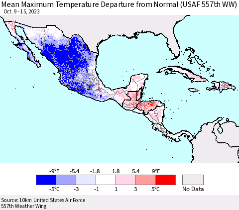 Mexico Central America and the Caribbean Mean Maximum Temperature Departure from Normal (USAF 557th WW) Thematic Map For 10/9/2023 - 10/15/2023
