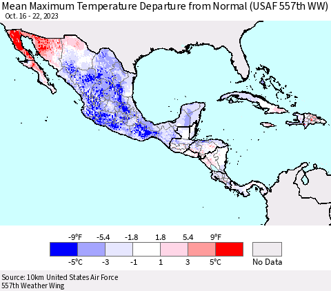 Mexico Central America and the Caribbean Mean Maximum Temperature Departure from Normal (USAF 557th WW) Thematic Map For 10/16/2023 - 10/22/2023